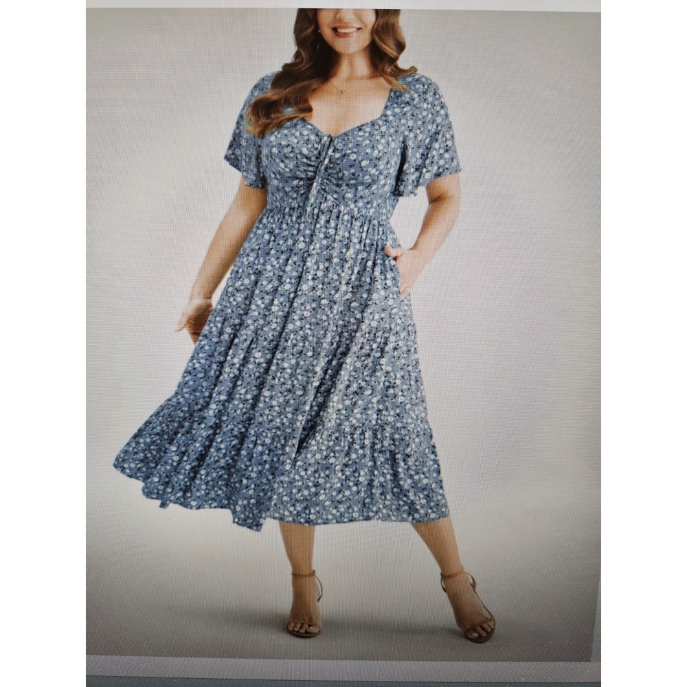 NWOT Bloomchic Blue Ditsy Floral SS Drawstring Neckline Midi Dress, Plus 3X
